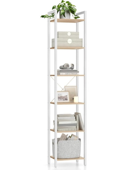 Regal na ksiazki z 6 poziomami, regal do biura, salonu lub sypialni, 30 40 187,5 cm, jasne drewno i bialy kolor