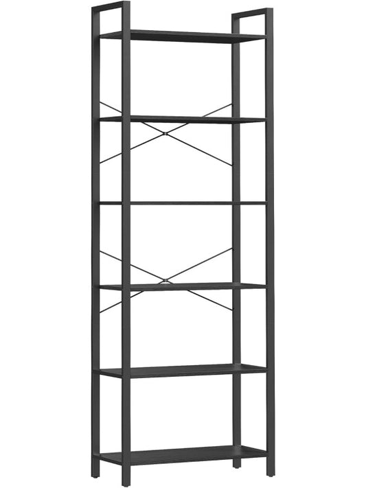 Regal na ksiazki ze stalowa konstrukcja, wolnostojaca polka do salonu, sypialni lub gabinetu, 30 x 66 x 186 cm, industrialny styl, czarny
