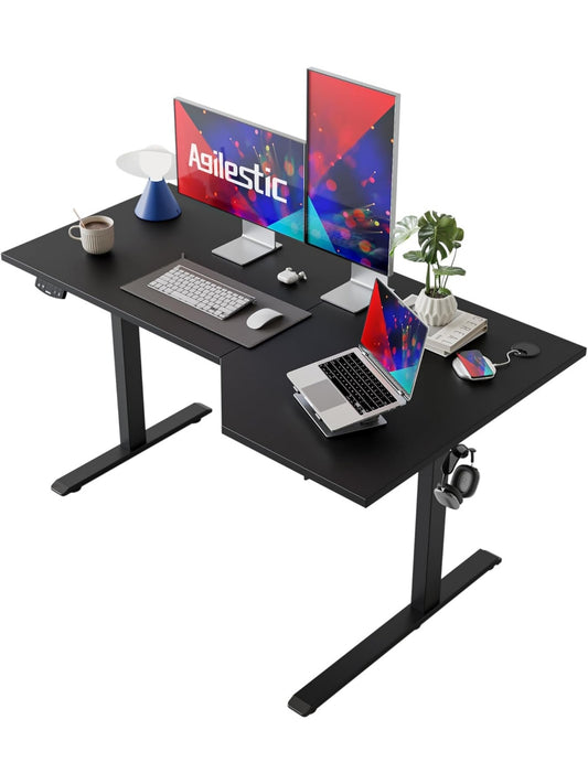 Biurko narozne w ksztalcie litery L z elektryczna regulacja wysokosci, ergonomiczne stanowisko do pracy siedzacej i stojacej, 140 cm, czarne