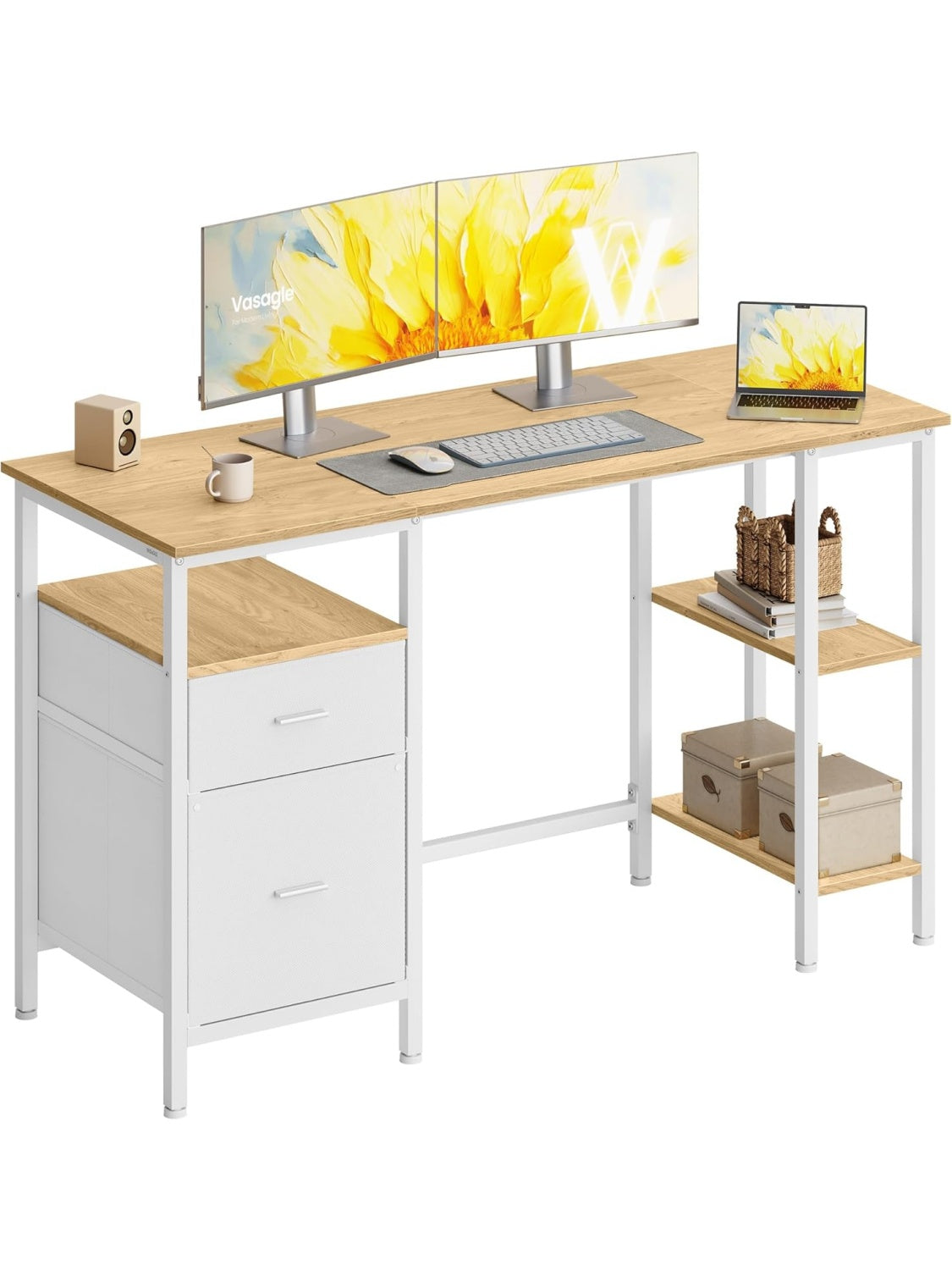 Biurko komputerowe z 3 polkami i 2 szufladami, 127 50 76 cm, biurko do domowego gabinetu w industrialnym stylu, dekor naturalnego debu i bieli