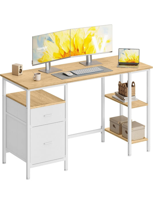 Biurko komputerowe z 3 polkami i 2 szufladami, 127 50 76 cm, biurko do domowego gabinetu w industrialnym stylu, dekor naturalnego debu i bieli