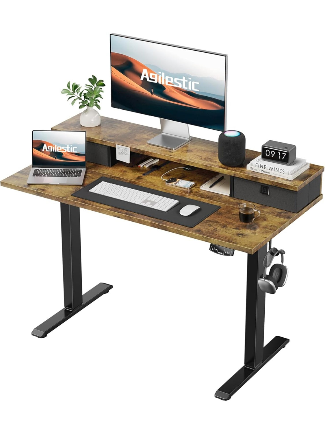 Elektryczne biurko z regulacja wysokosci i 2 szufladami, 100 60 cm, ergonomiczne biurko komputerowe do pracy siedzacej i stojacej, brazowe